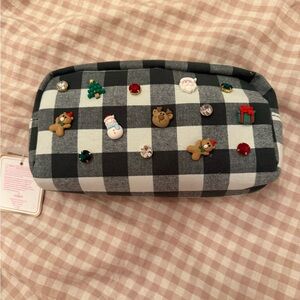 Green & White Checkered Cosmetic Bag with Holiday Charms